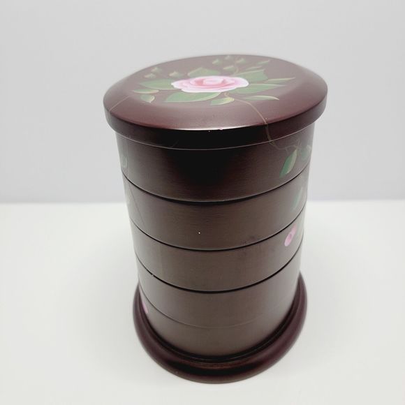 Jewelry Box Organizer 5 Tier Oval Wooden Swivel Tower Hand Painted Floral - Picture 4 of 16